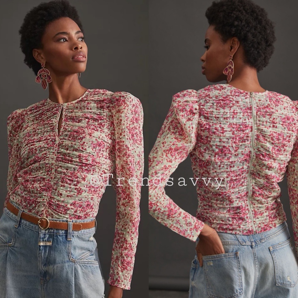 Anthropologie Let Me Be Ruched Floral Blouse Pink Puff Sleeve Crew Neck S NWT